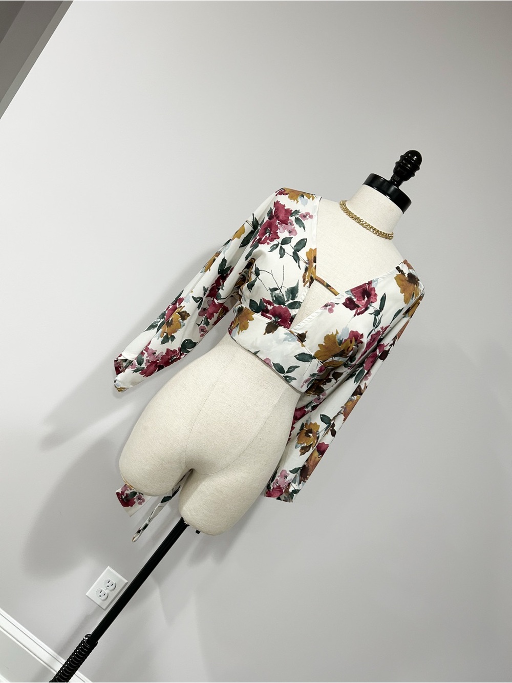 American Threads Floral V-Neck Tie-Front Crop Top - White/Mustard/Rose